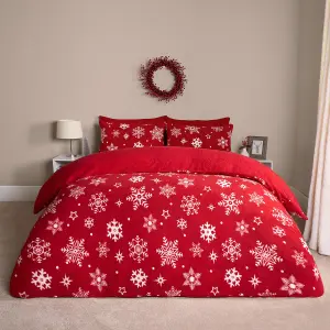 Snowflake Teddy Fleece Duvet Cover Bedding Winter Christmas, Red - Double