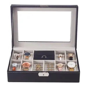 Elegant Black 8-Slot PU Leather Watch Display Box with Transparent Lid and Velvet Lining