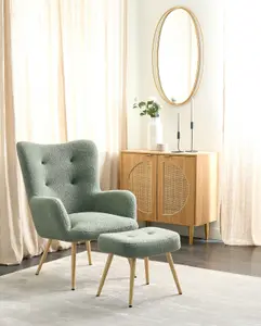 Wingback Chair VEJLE with Footstool Boucle Light Green