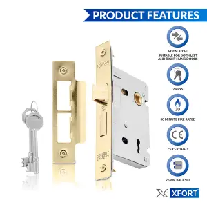 XFORT 3 Lever Polished Brass Mortice Sashlock 75mm