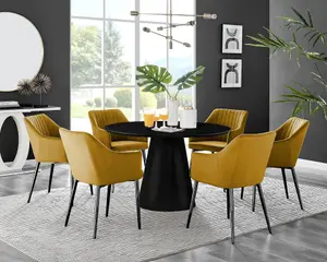 Furniturebox UK Palma Black Semi Gloss Round Pedestal Dining Table & 6 Mustard Velvet Calla Black Leg Chairs