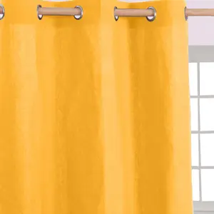 Homescapes Cotton Plain Mustard Yellow Ready Made Eyelet Curtain Pair, 117 x 137cm