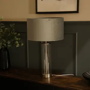 Simonetta Matt Gold and Clear Tube Table Lamp with Blush Velvet Reni Shade and 6W GLS Warm White Bulb Silver / Grey / No