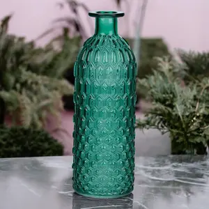 URBNLIVING 25cm Height Turquoise Green Glass Bottle Vase Honeycomb Design Flowers Holder Home Centerpiece