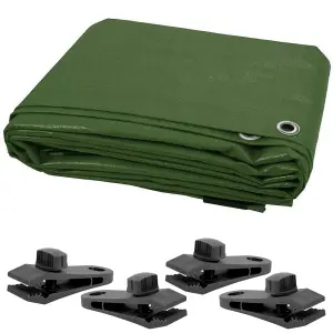 5 x 8 m Green Tarpaulin Waterproof Heavy Duty Cover Ground Sheet Camping Multipurpose Furniture Caravan with 4 Tarp Clips