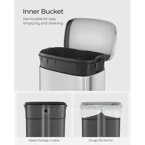 SONGMICS Kitchen Pedal Trash Bin with Hinged Lid and Plastic Inner Bucket, 30 Litre Stainless Steel Rubbish Garbage Can