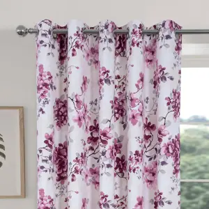 Betty Floral Design Lined Eyelet Curtains for Living Room or Bedroom - Cotton Rich Panama Fabric - Pink, 168 x 229cm