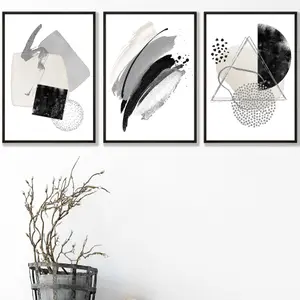 Set of 3 Abstract Black Grey Ivory Watercolour Shapes Wall Art Prints / 30x42cm (A3) / Black Frame