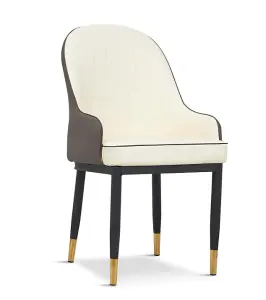 Set of 2 Luxury Leather Dining Chairs White Black Soft Padded Leather Seat with Black Golden Legs