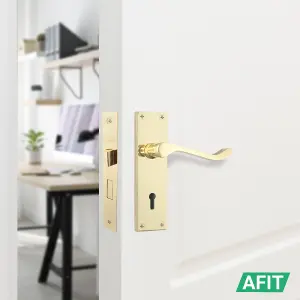 AFIT Polished Brass Victorian Scroll Door Handle Key Lock Set, 1 Pair of Internal Handles on Backplate, Hinges 76mm Sash Lock 64mm