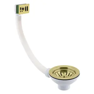 Newbury Brushed Brass Dual Lever Kitchen Sink Mixer & Square Overflow Waste Inc. Half Bowl Strainer