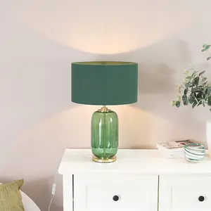 ValueLights Leigh Forest Green Glass and Gold Detail Table Lamp with Drum Shade