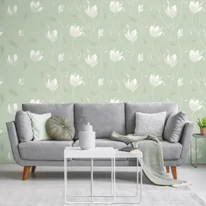 Crown Synergy Floral Green Wallpaper Glitter Silver Modern Feature Wall Vinyl