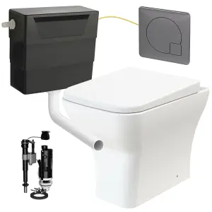 Square Rimless Back to Wall Toilet Pan with Soft Close Seat & Concealed Cistern Gun Metal Plate Button