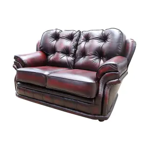 Chesterfield 2 Seater Antique Oxblood Red Leather Sofa In Knightsbridge Style