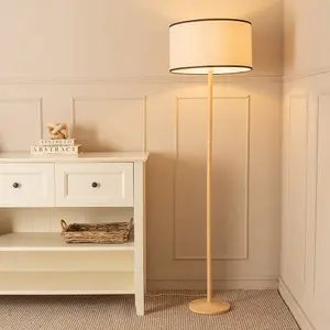 ValueLights Triston Natural Light Wood Stem Floor Lamp with Linen Black Trim Drum Shade and LED Bulb