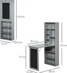 HOMCOM Fold-Out Convertible Writing Desk Wall Mount Cabinet With Blackboard And Side Shelf Multi-Function Home Office Workstation, Grey | Aosom UK
