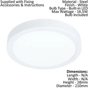 Wall / Ceiling Light White 210mm Round Surface Mounted 16.5W LED 3000K