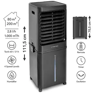 Portable Evaporative Air Cooler Fan 4 Speeds Remote Control PAE 80 Black