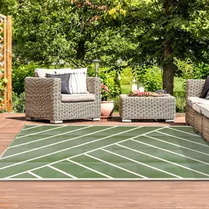 Extra Large Garden Outdoor Rug For Patio, Olive Green & Cream Geo-Lines  Waterproof Garden Rug 180 x 270cm