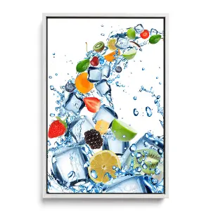 Fruit Water Splash Ice Cubes Kitchen CANVAS FLOATER FRAME Wall Art Print Picture White Frame (H)30cm x (W)20cm