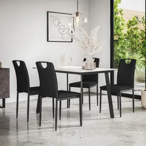 Haydon Extending Dining Table + Chairs- White Marble Effect Table Top w Black Legs + 4 Monza Faux Leather Dining Chairs (Black)