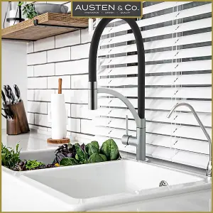 Austen & Co. Madrid Brushed Chrome With Black Pullout Spray Hose Kitchen Mixer Tap. Single Lever Handle & 360 Degree Spout