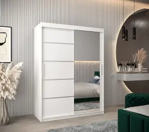 Verona 02 Contemporary 2 Mirrored Sliding Door Wardrobe 5 Shelves 2 Rails White Matt (H)2000mm (W)1500mm (D)620mm