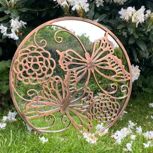 Butterflies Round Tree of Life Style Outdoor Garden Copper Wall Mirror Great Memorial or Wedding Gift Decor