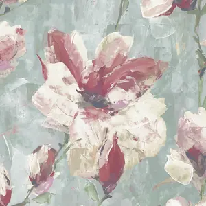 Camilla Teal Green & Pink Floral Water Colour Effect Wallpaper A72401