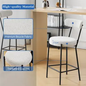 Set of 2 Bar Stools, Upholstered Barstools with Curved Back, Upholstered Boucle Chair for Dining Room, Living Room, Cream White