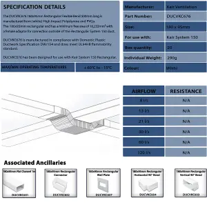 Kair Rectangular Flexible Bend 180mm x 90mm - 500mm Length PVC Hose