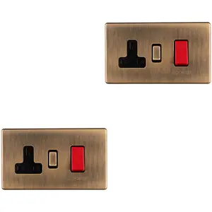 2 PACK 2 Gang Double SCREWLESS 45A Cooker Switch & 13A UK Socket ANTIQUE BRASS