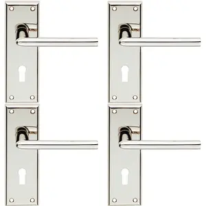 4 PACK - PAIR Rounded Lever on Lock Backplate Door Handle 150 x 50mm Polished Nickel