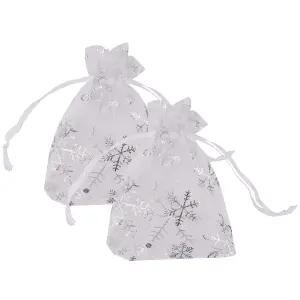 Neel Blue Christmas Gift Bag White Snowflakes Glitter Organza Bag, 7x9cm - Pack of 100