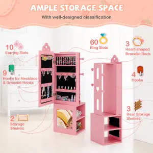 COSTWAY 117CM Standing Kids Jewelry Armoire Jewelry Storage Organizer with Dress-up Mirror