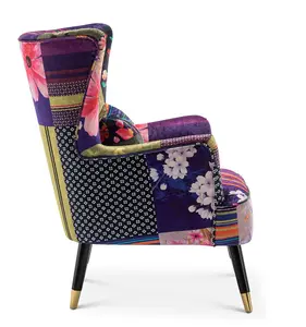 Fabric Patchwork Victoria Accent Wingback Chair with Footstool