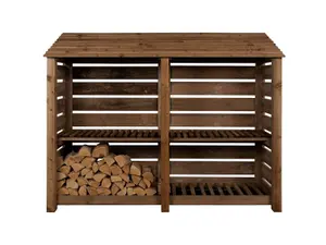 Slatted wooden log store with kindling shelf W-227cm, H-180cm, D-88cm - brown finish