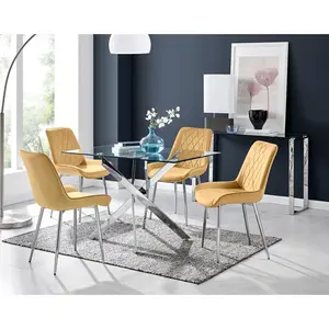 Lenworth Glass Rectangular Dining Table Set with 4 Luxury Velvet Chairs Mustard/Silver / Silver