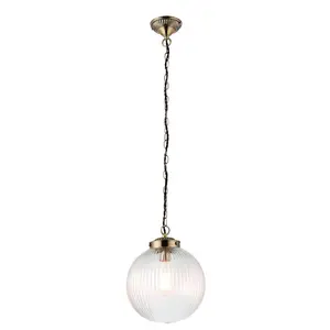 Bateson 1 - Light Globe Pendant Antique Brass/Clear Ribbed Glass / 100cm H x 25cm W x 25cm D