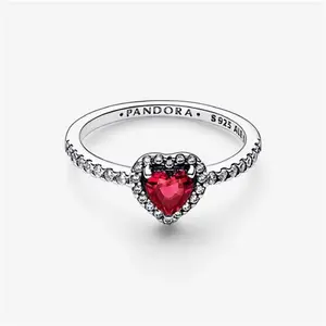 Pandora Elevated Red Heart Ring - Sterling Silver / Mixed Stone / Red - Sz. 52