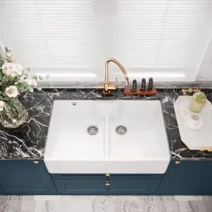 895mm - Two Bowl Fireclay Butler Kitchen Sink -  Stepped Weir, Overflow, ledge & Wastes