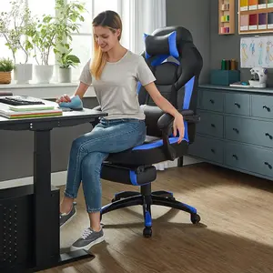 SONGMICS Gaming Chair, Office Racing Chair with Footrest, Desk Chair, Ergonomic Design, Lumbar Support,Black and Blue