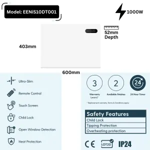 1000W Electric Panel Heater for Home or Office - Wall Mounted or Portable Freestanding with Touchscreen Timer and Thermostat