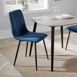 PAIR of Blue cord fabric Aspen straight stitch dining chairs, black tapered legs