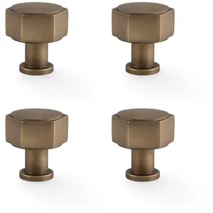 4 PACK - Industrial Hex Cabinet Door Knob - 33mm Antique Brass Cupboard Pull Handle