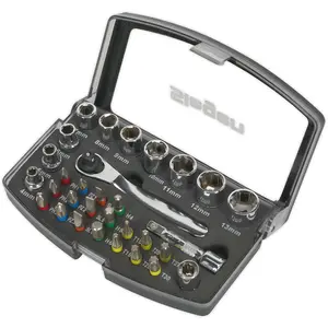 31 Piece Socket & Colour-Coded Bit Set - 1/4" Sq Drive Ratchet - Storage Case