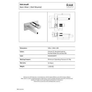 RAK Amalfi Wall Mounted Brushed Gold Modern Basin Tap Solid Brass