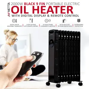 NETTA 2000W Oil Radiator with Timer, Remote & Digital Display - Black