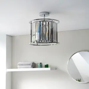 Heckford Chrome with Crystal Glass 3 Light Bathroom Semi Flush Ceiling Fitting